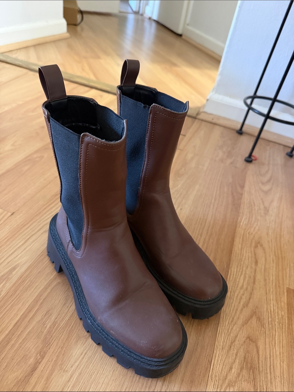 Mango Brown Chelsea Platform Boots with Black Elastic Panels